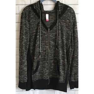 Gray zip up hoodie with black sides and detail